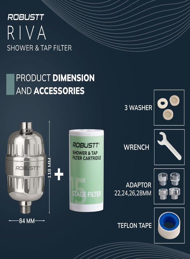 روبوست فلتر ريفا القوي ذو 15 مرحلة للدش/الحنفية ومنقي المياه للمنزل (فضي) | يقلل من تساقط الشعر وجفاف الجلد وتراكم الترسبات الكلسية | فلتر للمياه العسرة للحنفية والدش والدش اليدوي | يتضمن طقمًا ودليل استخدام - Image 3